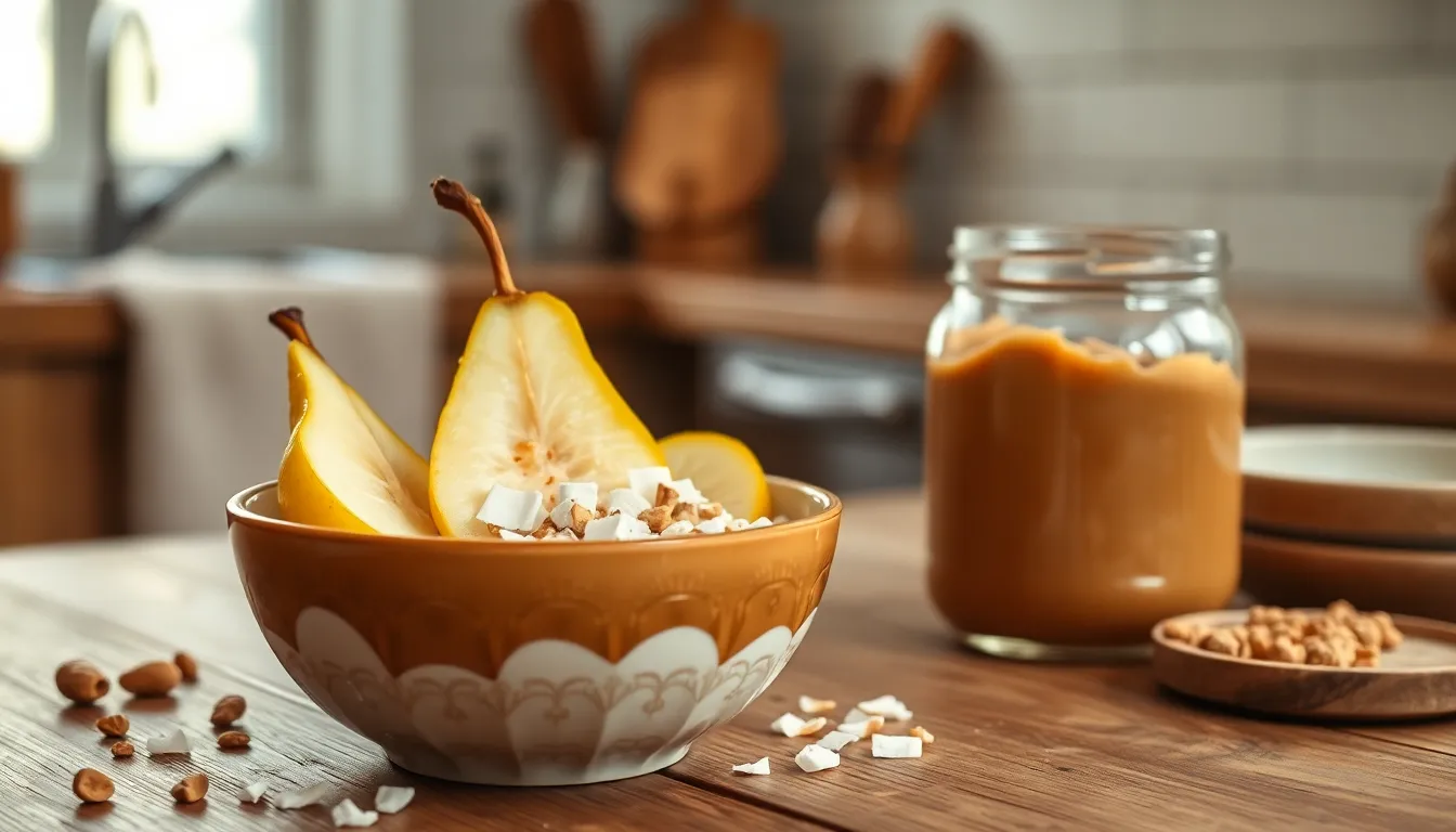 Elevate your morning with a beautifully styled oatmeal bowl featuring pear and coconut flakes.