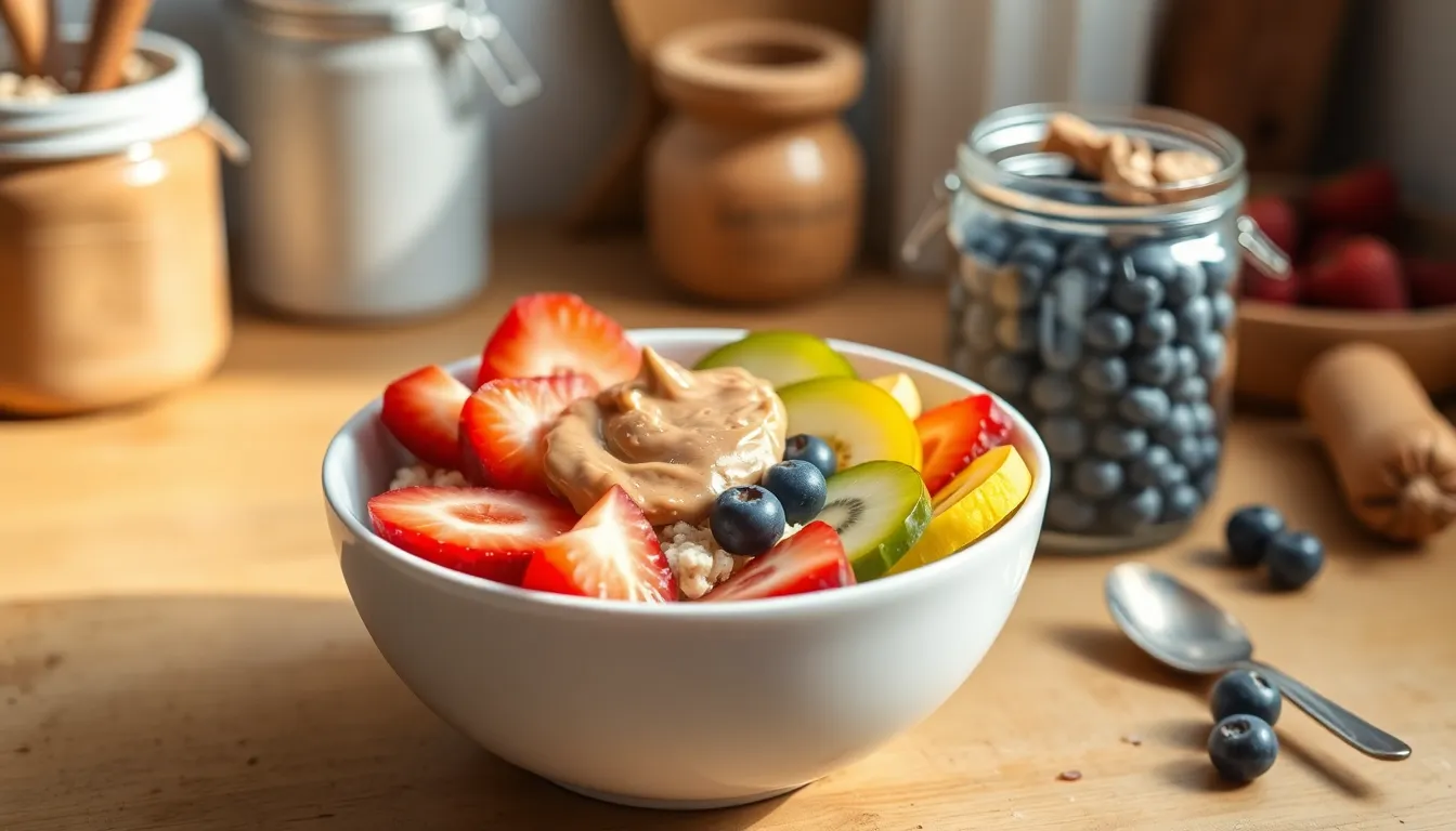A wholesome oatmeal bowl topped with sliced fruit and a dollop of nut butter.