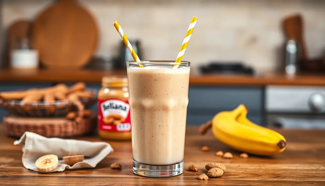 A smooth peanut butter banana smoothie in a glass with a straw on a table.