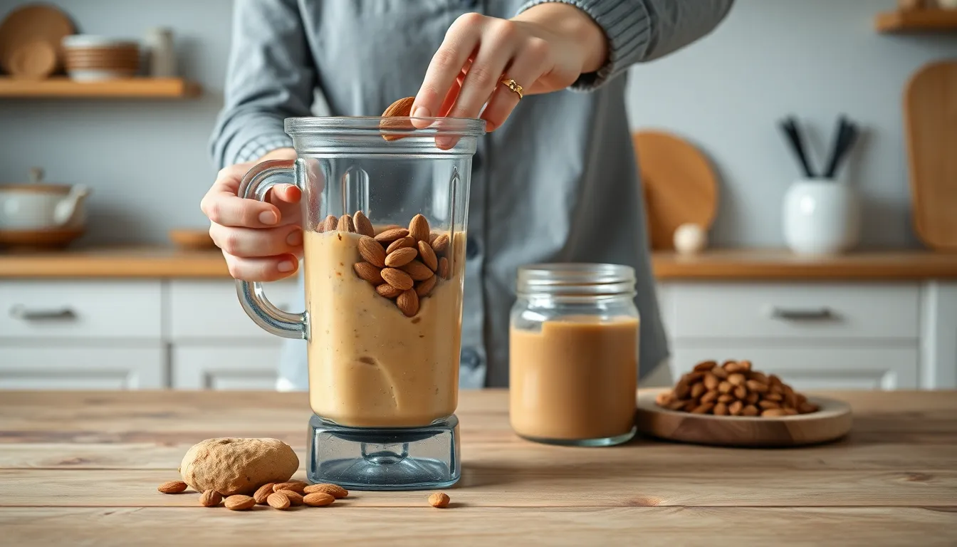A person adds almonds to a blender, preparing ingredients for a healthy drink in a minimalist studio setting.