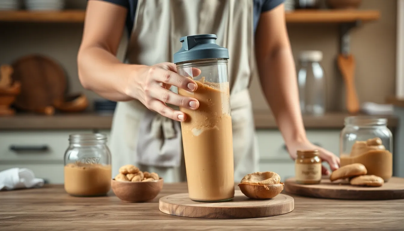 A person wearing an apron holds and shakes a protein shaker indoors. Casual food preparation scene.