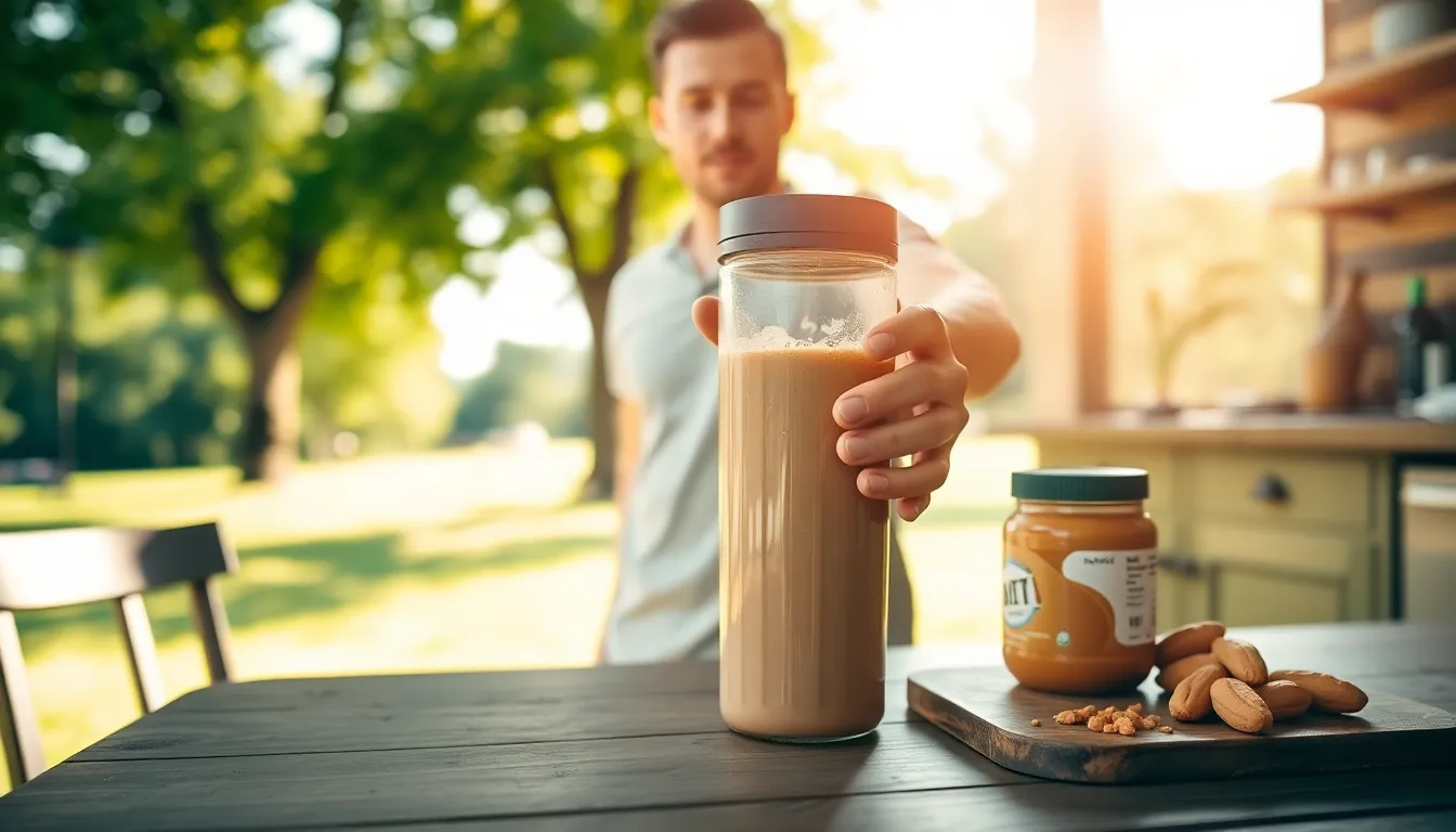 A man holding a protein shake tumbler outdoors in a sunny park setting.