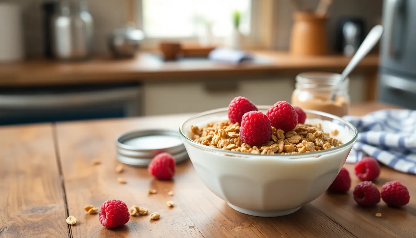 A healthy yogurt bowl topped with crunchy granola and fresh raspberries.