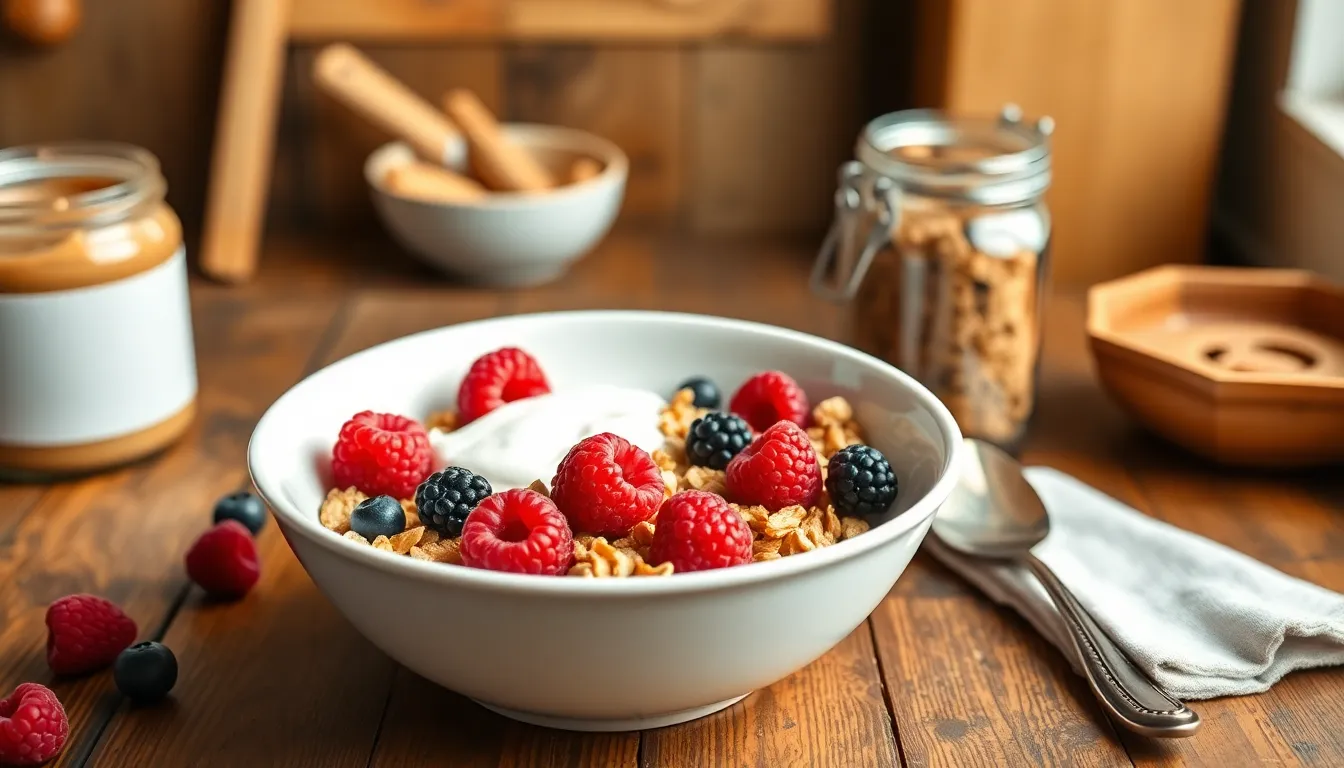 Delicious breakfast bowl featuring granola, yogurt, raspberries, and blackberries for a nutritious start.
