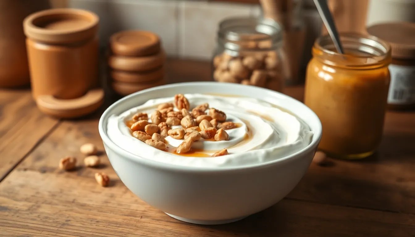 Greek yogurt in a bowl with honey and nuts, a healthy protein-rich breakfast option.