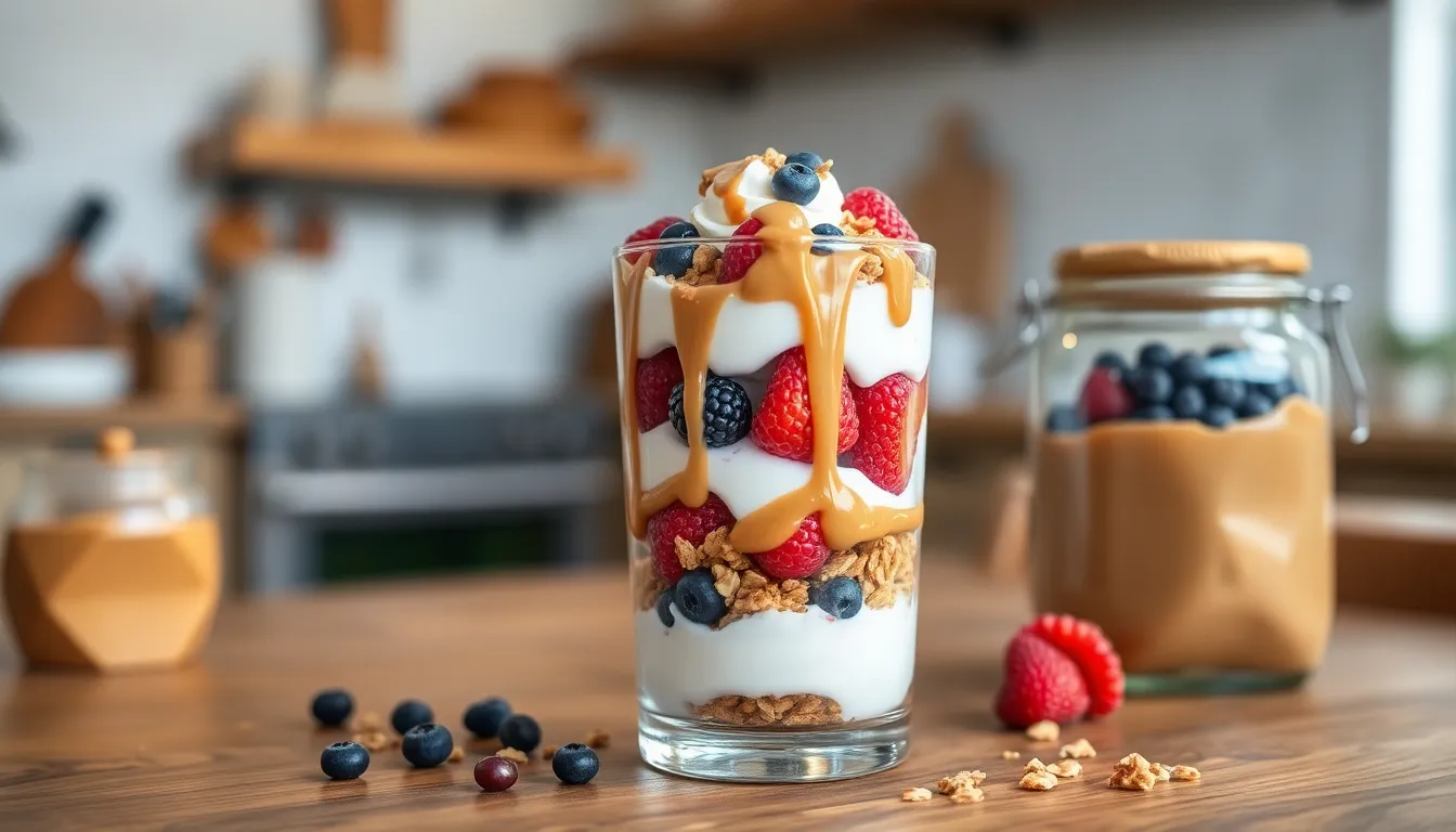 A layered parfait with yogurt, granola, fresh berries and peanut butter drizzle in a glass.