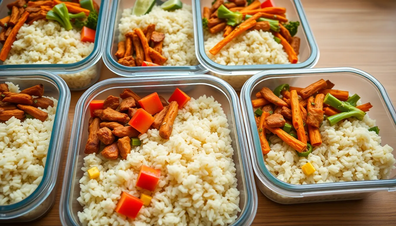 Multiple containers of prepared meals with rice and vegetables for easy meal management.