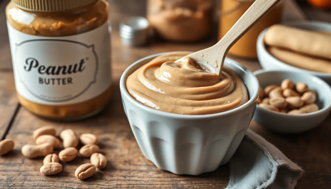 Delicious creamy peanut butter in a ceramic bowl with spatula. Perfect for food photography.