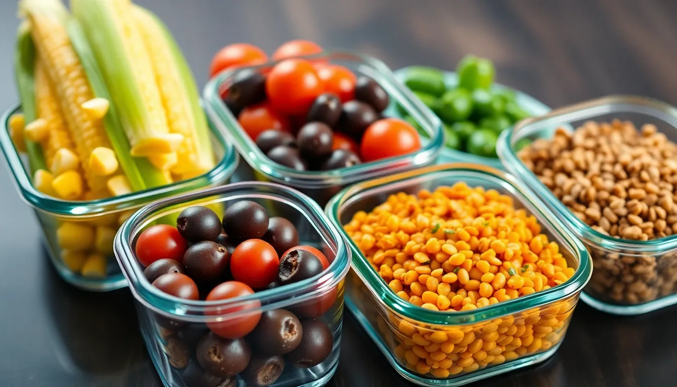 Colorful healthy meal prep with corn, olives, tomatoes, and lentils in glass containers. Perfect for mindful eating.