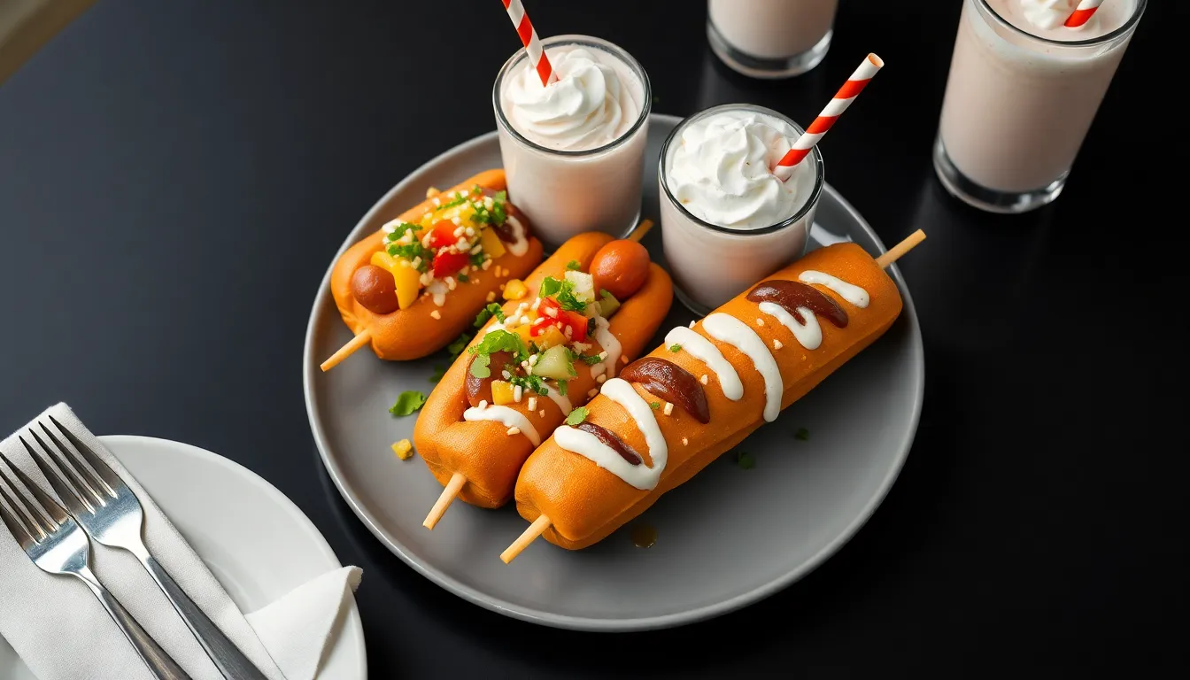 Plate of colorful corn dogs with whipped cream milkshakes on a black table setting.