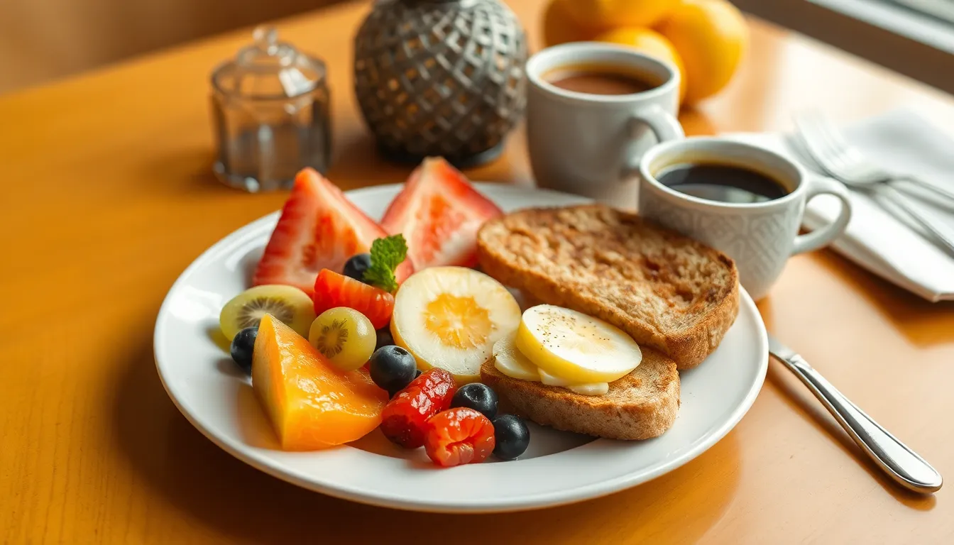 A delicious breakfast with fruit, toast, and coffee on a vibrant setting in İstanbul.