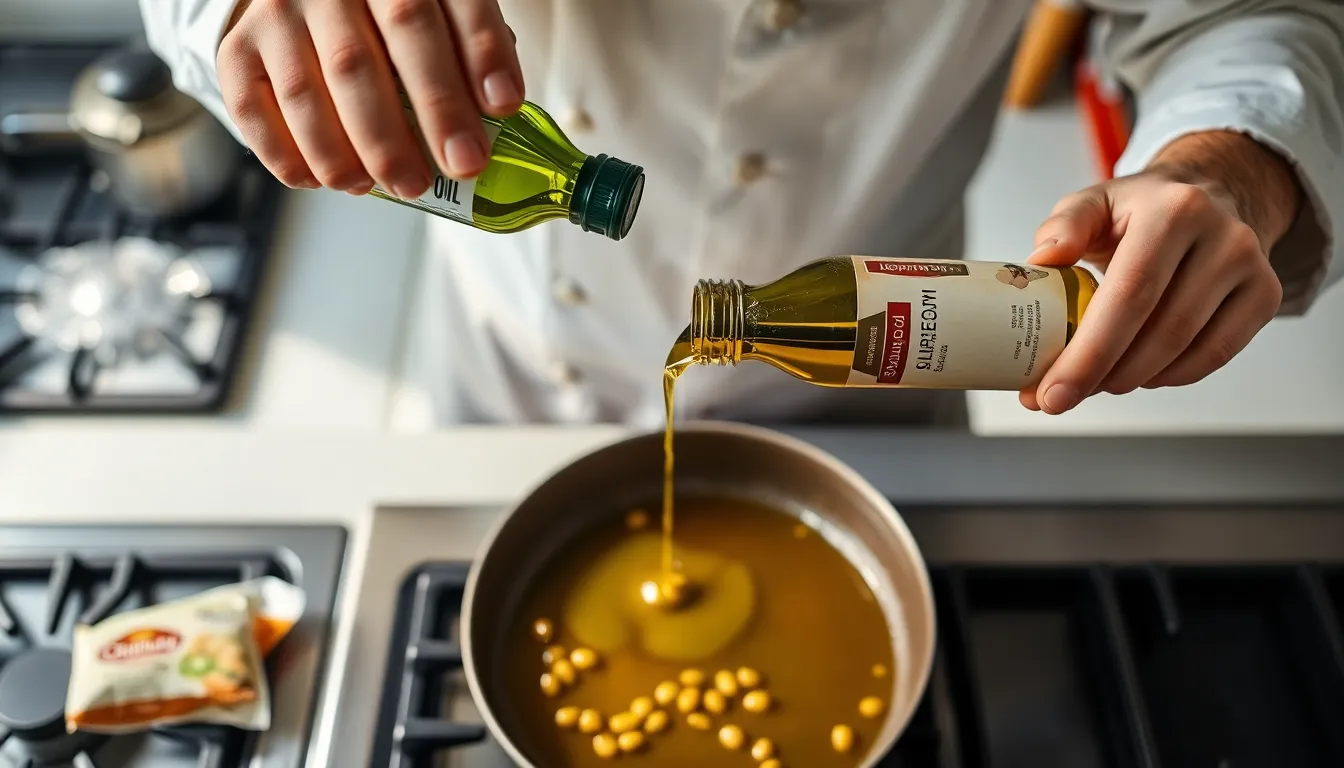 From above crop faceless chef pouring olive oil into frying pan on stove while cooking at home.