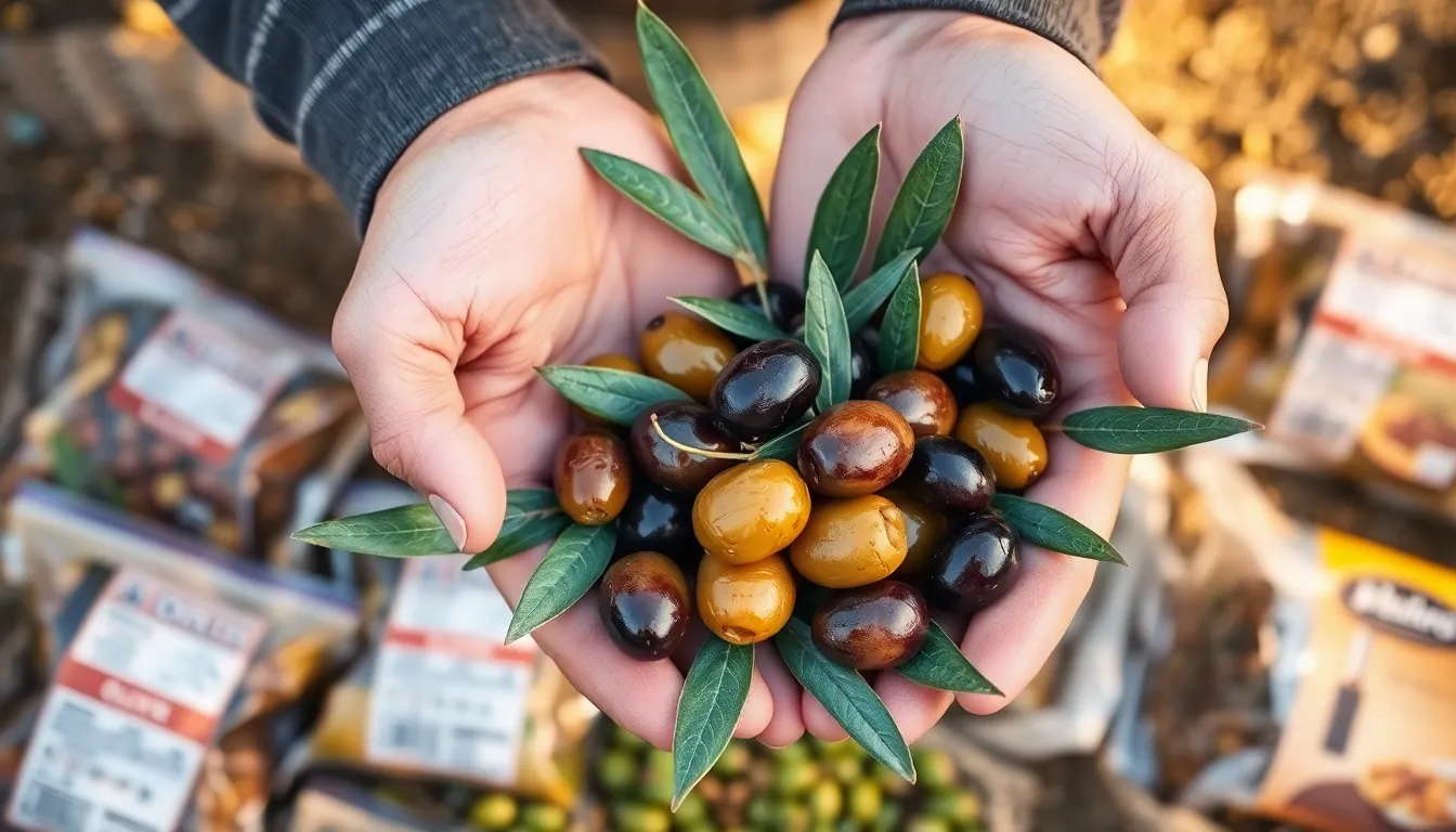 Hands holding fresh olives with leaves during outdoor harvest season.
