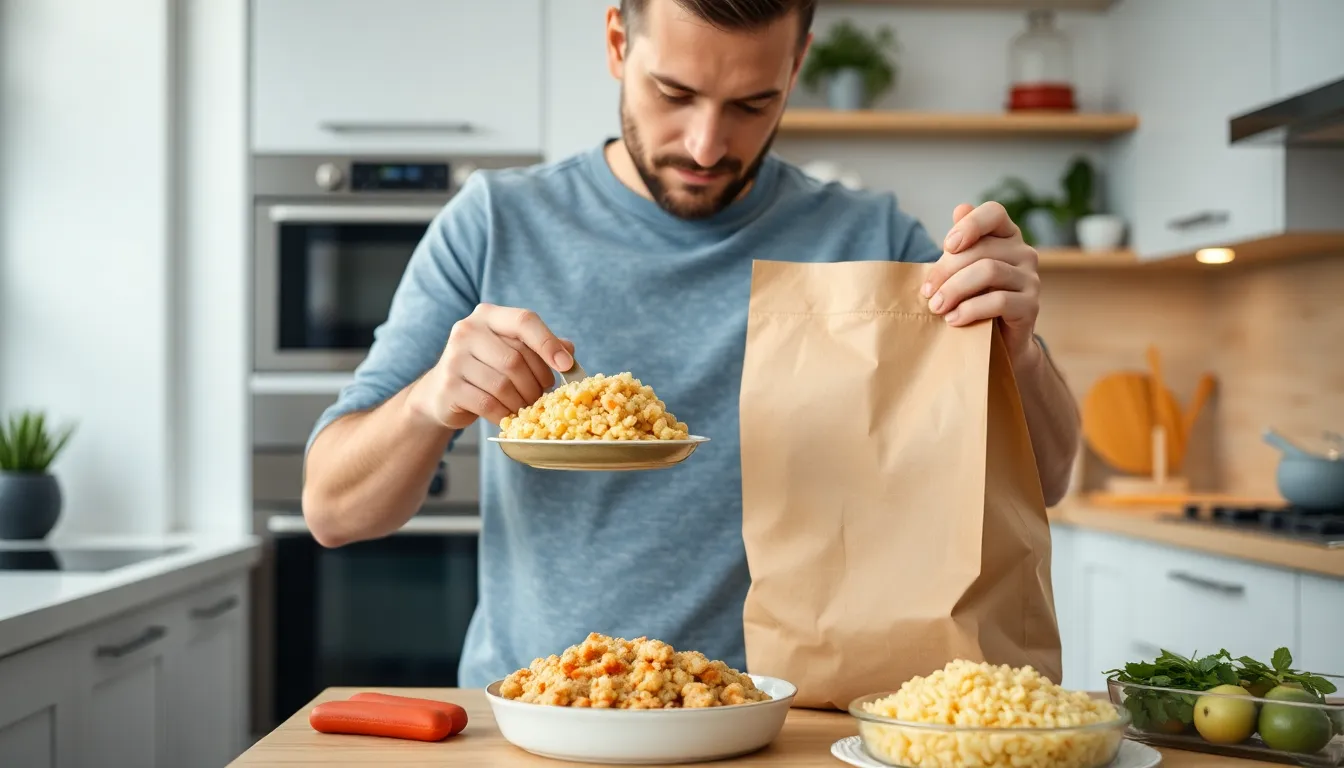 A man holds a paper bag while preparing a meal in a modern kitchen interior.