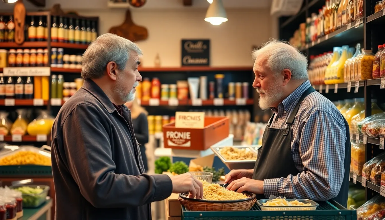 A shopkeeper assists a senior customer in a local Portuguese grocery store.