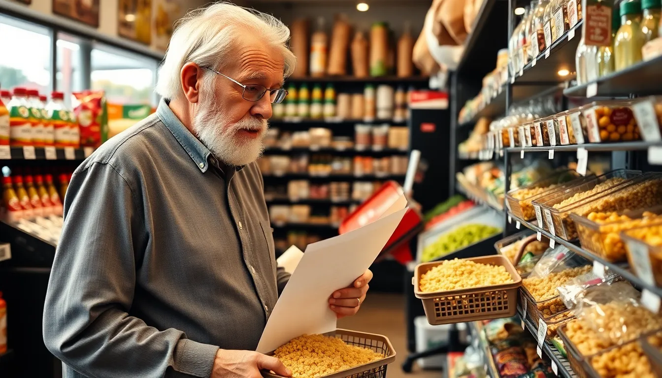Elderly man shopping in a Portuguese grocery store, holding a paper list.