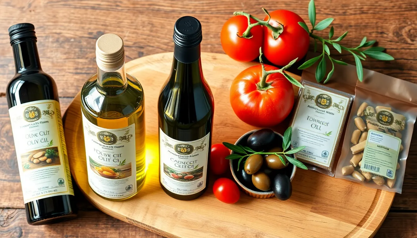 Elegant arrangement of olive oil, tomatoes, and olives on a wooden board.