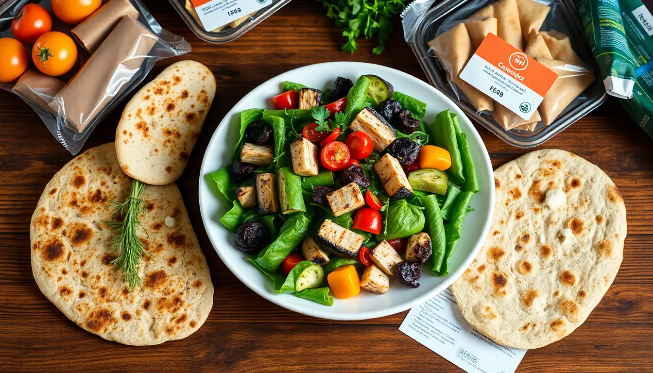 Artistic presentation of a gourmet salad with grilled vegetables, flatbread, and fresh herbs on a wooden table.