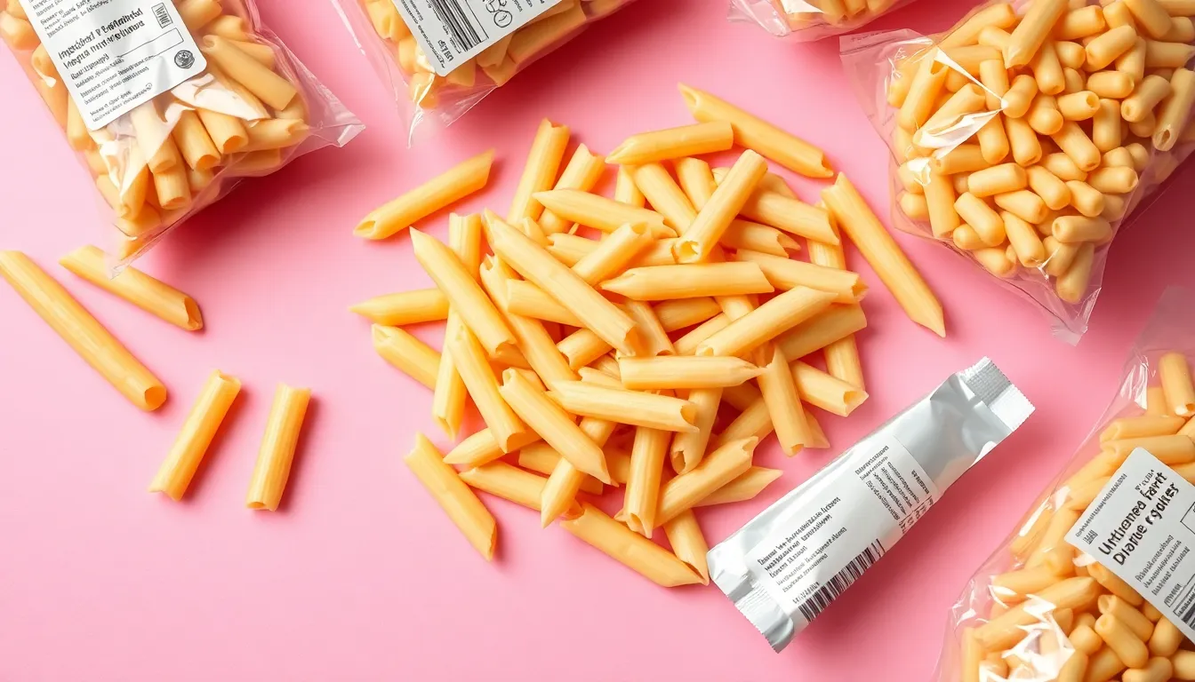 Detailed image of uncooked penne and other pasta on a pink background.