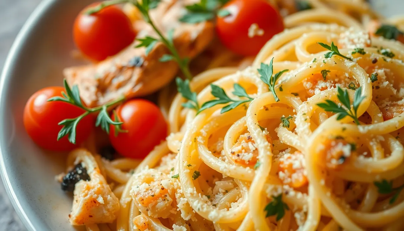 Close-up of a seafood pasta dish garnished with fresh herbs and cherry tomatoes.