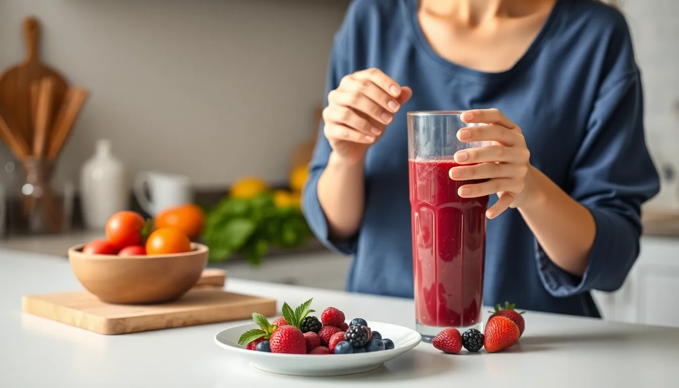 A woman blending a nutritious berry smoothie in a kitchen setting.
