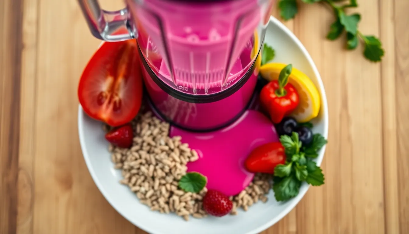 Vibrant pink smoothie blending in a high-speed blender, from above.