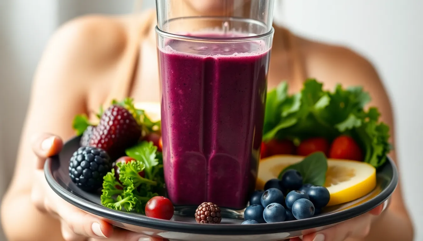 Close-up of a woman blending a nutritious purple smoothie with fresh fruits and greens.