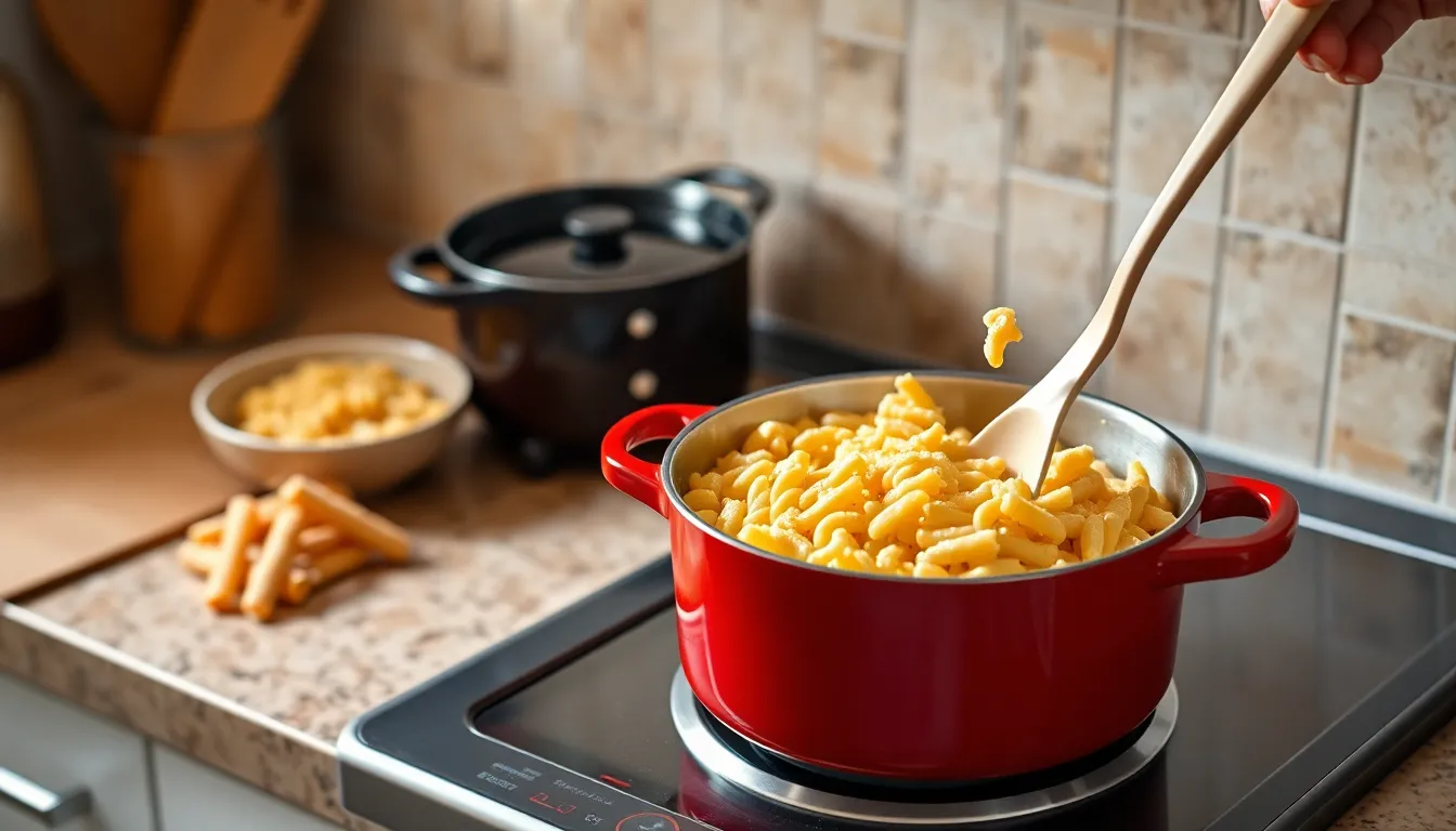 Preparing Cheetos macaroni and cheese on an electric stove with a red pot.