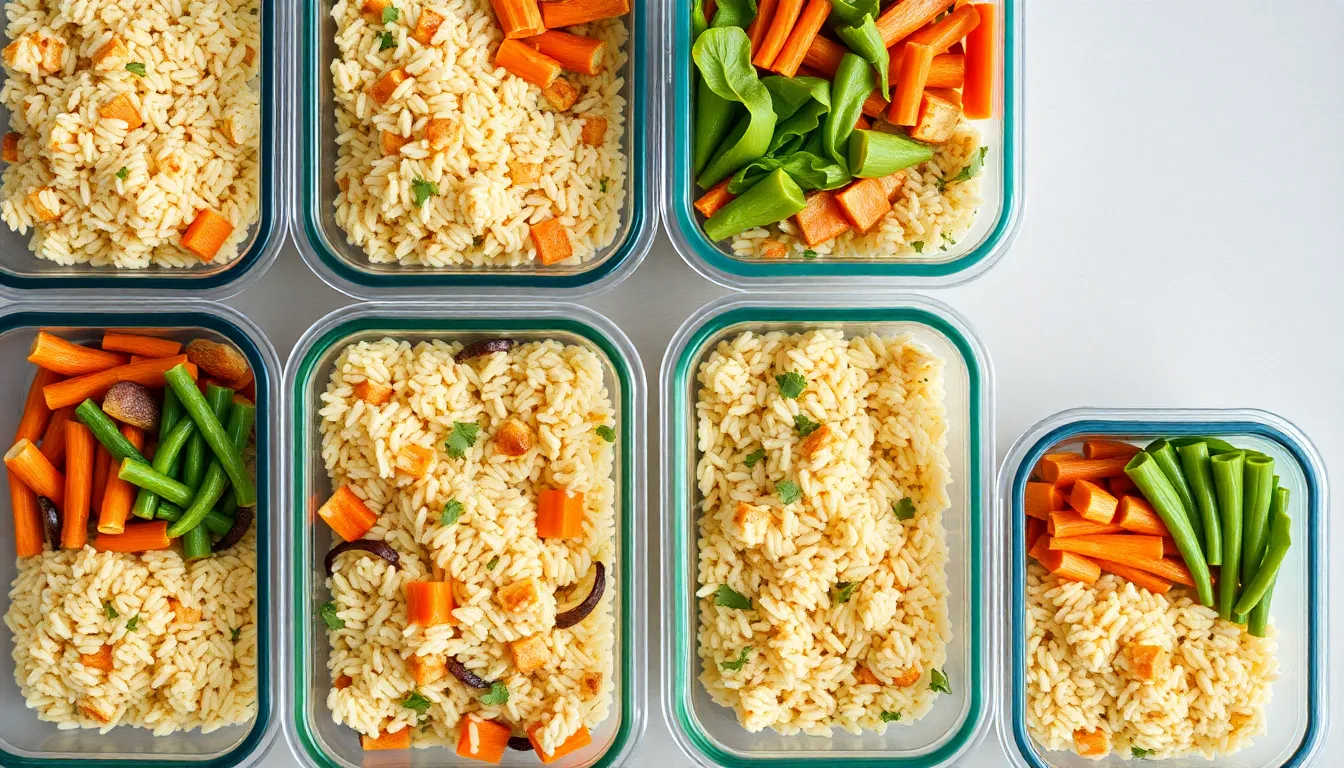 Organized meal prep containers filled with rice and vegetables for healthy eating.