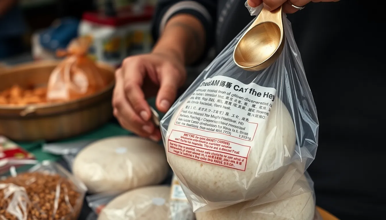 Close-up of a street vendor packaging a traditional rice cake into a plastic bag with a ladle.
