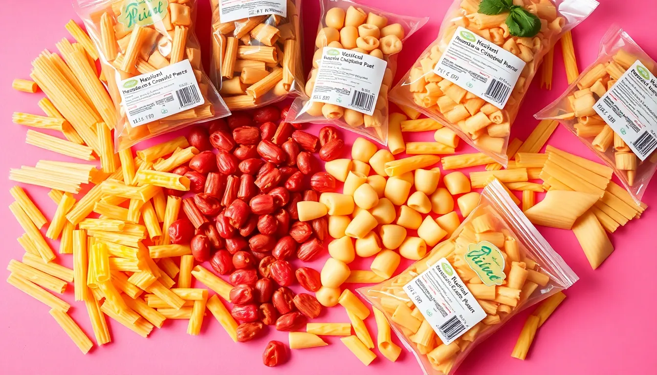 Vibrant assortment of uncooked pasta in various shapes and colors, displayed on a pink surface