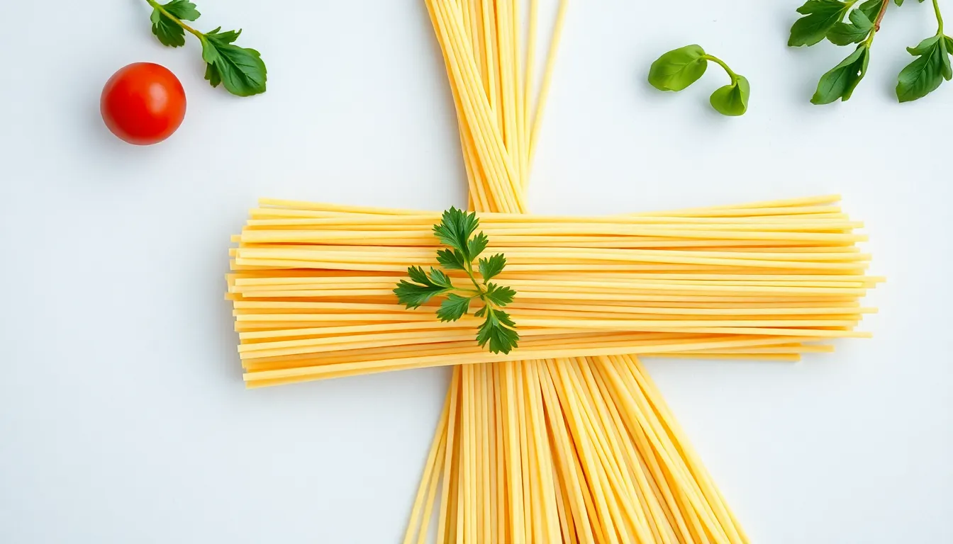 A creative top-down view of neatly arranged raw spaghetti, perfect for culinary themes.