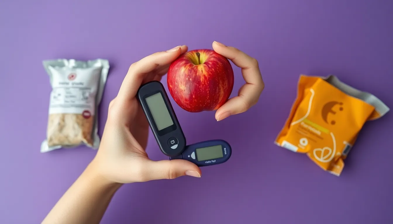 Hands holding apple and glucometer on purple surface, symbolizing health balance.