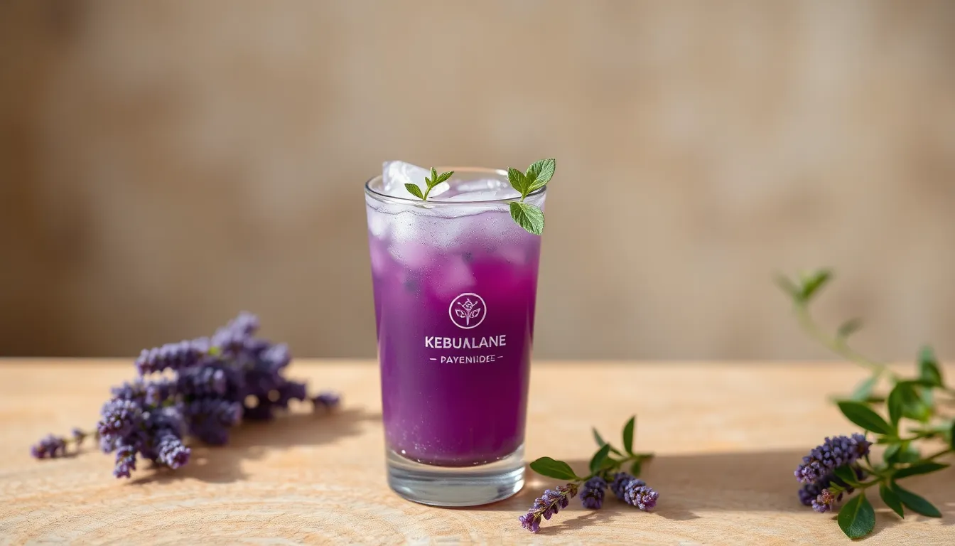 A stylish lavender iced drink from Kebunlane on a textured surface, adorned with greenery, perfect for a summer refreshment.