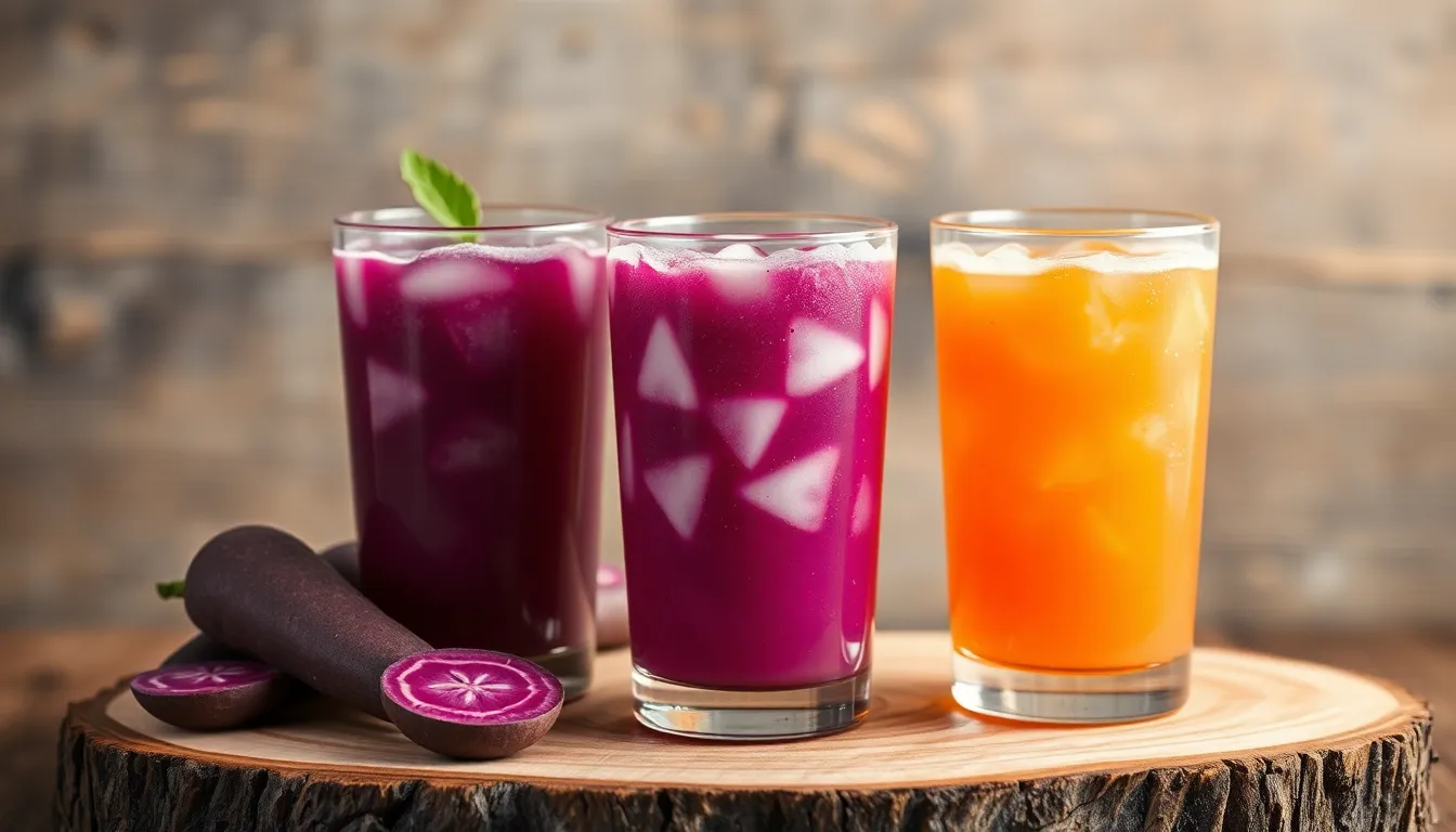 Three colorful beverages placed on a wooden slab with a rustic background, perfect for food and drink concepts.