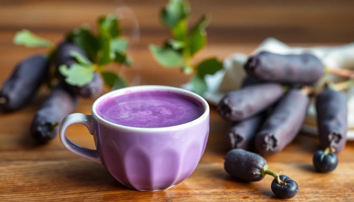 A steaming cup of purple latte placed on a wooden surface with soft lighting.