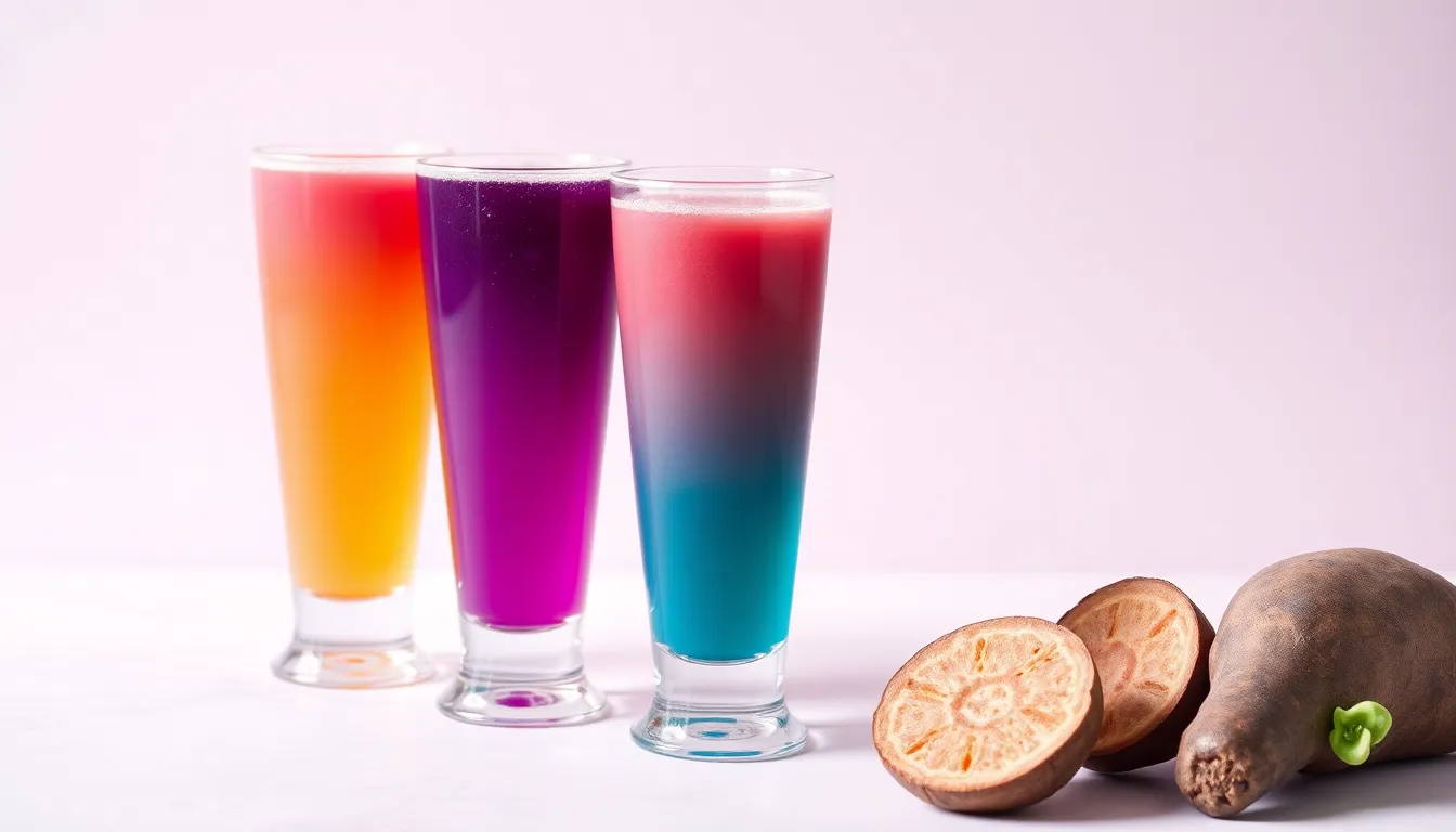 Three glasses of colorful beverages lined up with different hues on a light background.