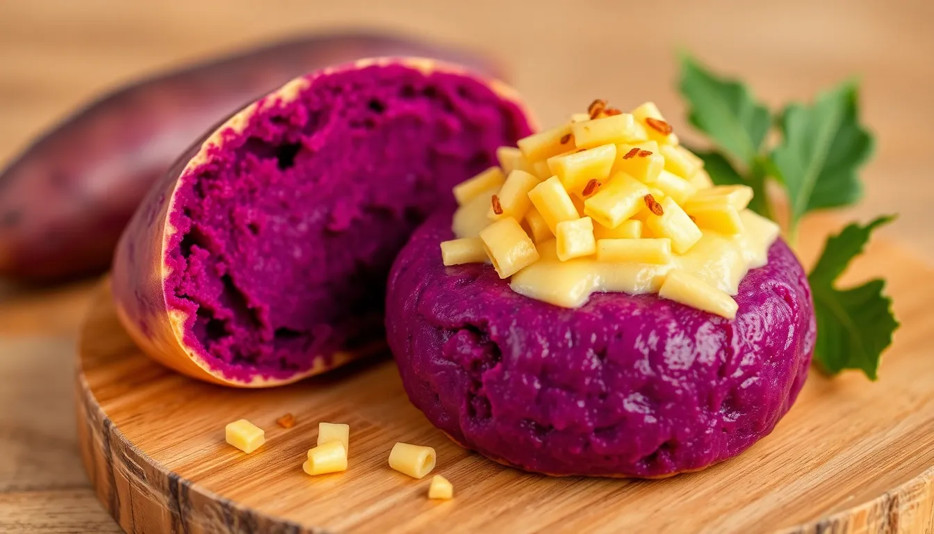 Appetizing ube mamon topped with cheese, showcasing vibrant colors and Filipino flavor.