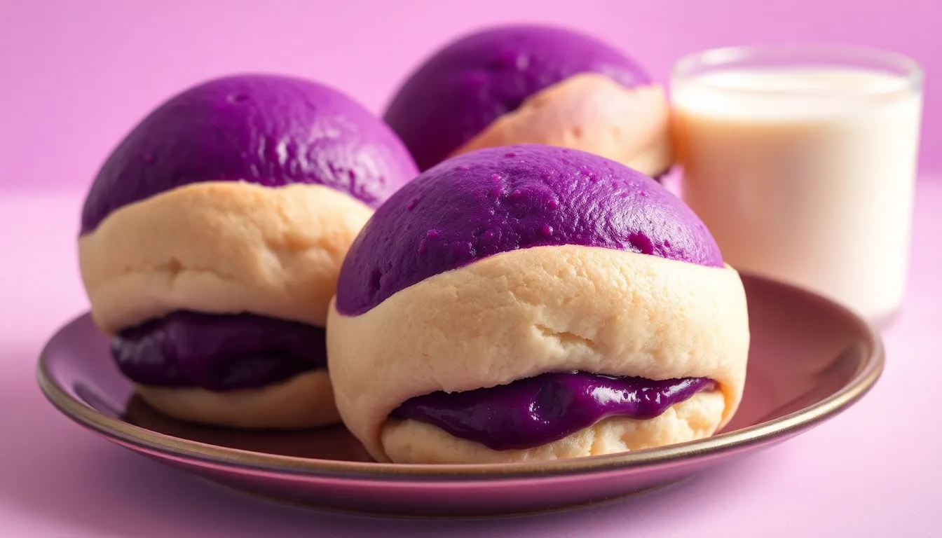 Bright purple buns filled with ube paste, served with milk in a soft and vibrant setting.