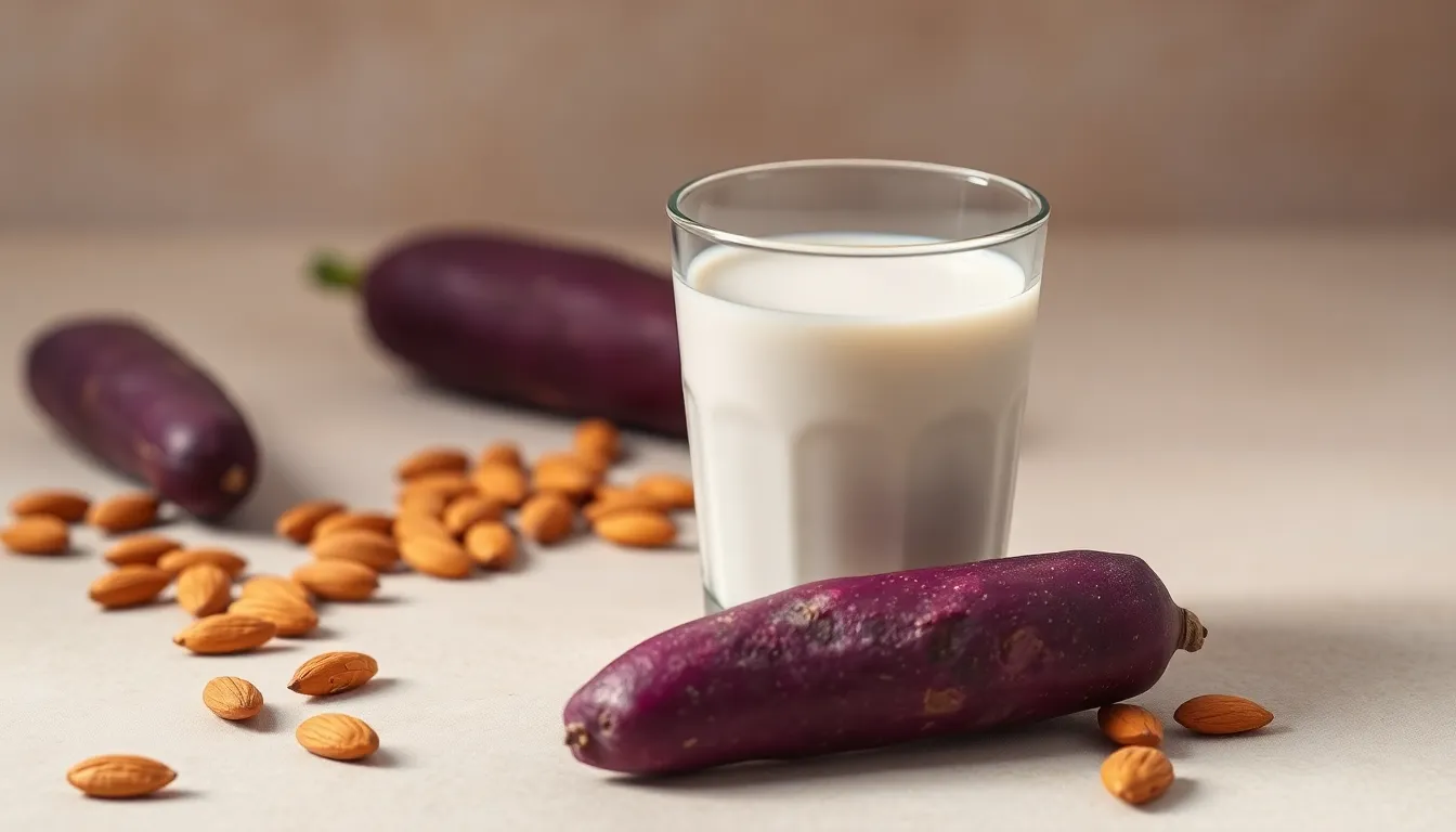 A glass of almond milk next to scattered almonds on a neutral background.