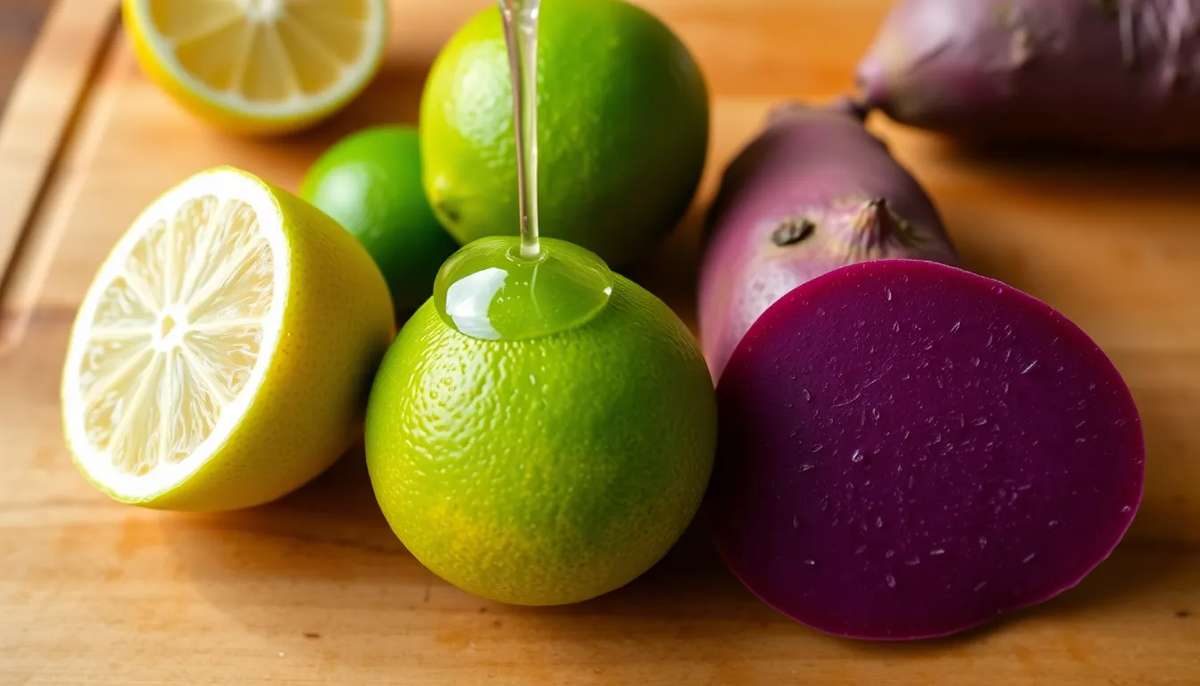 Fresh lemon and lime on a wooden cutting board with juice being squeezed.