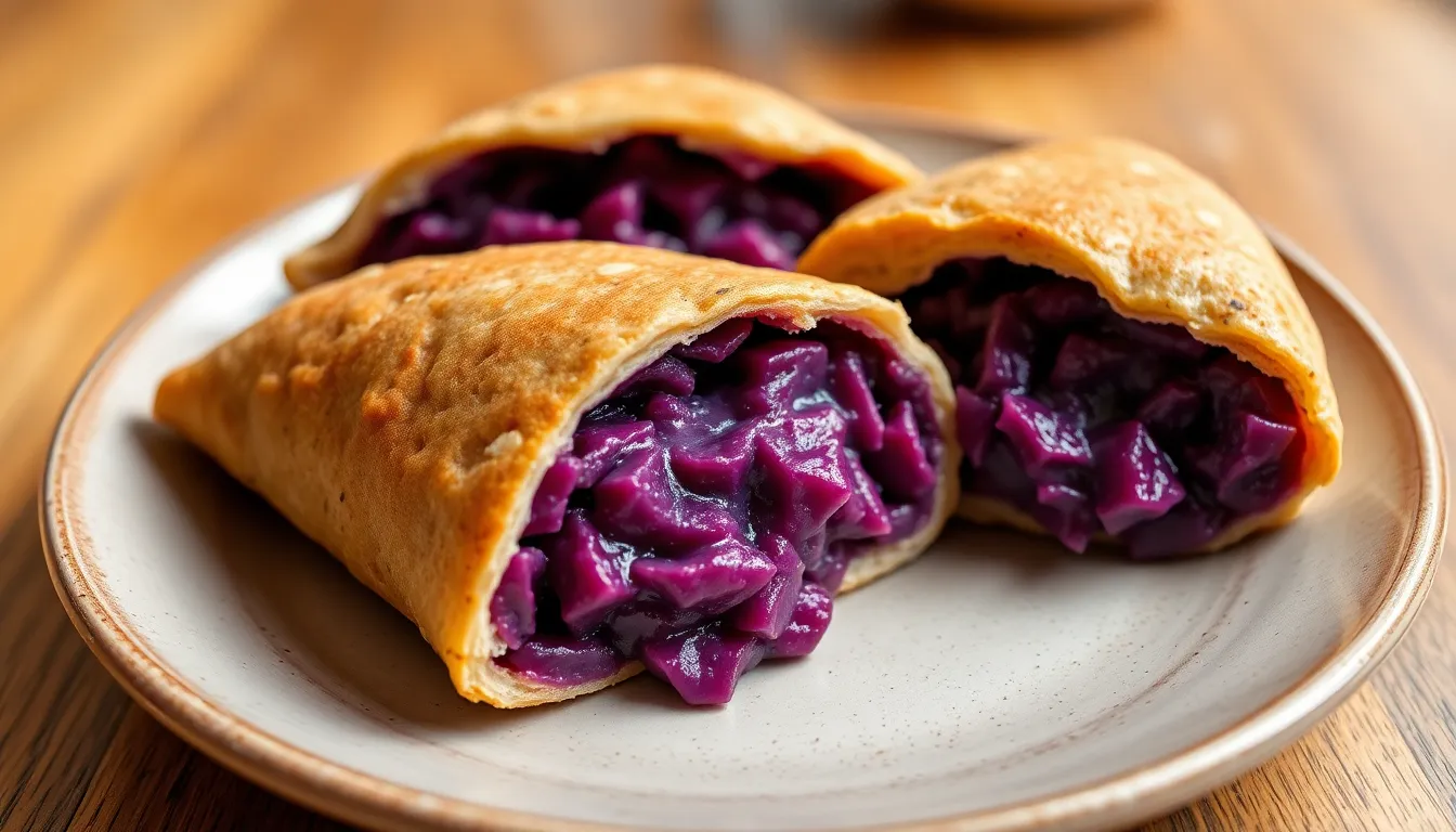 Tasty ube-filled pandesal on a plate perfect for breakfast or snack.