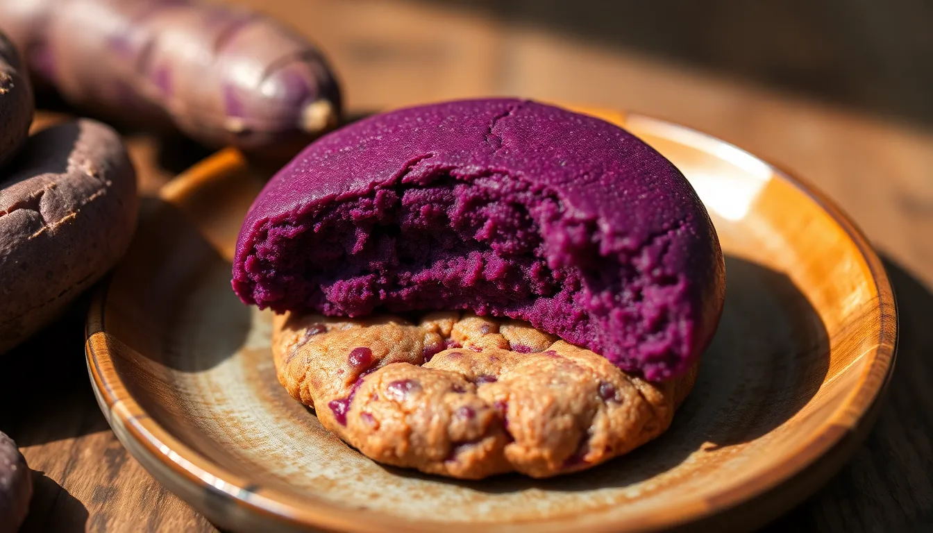 Savory ube cookie served on a rustic plate, showcasing Filipino dessert culture.