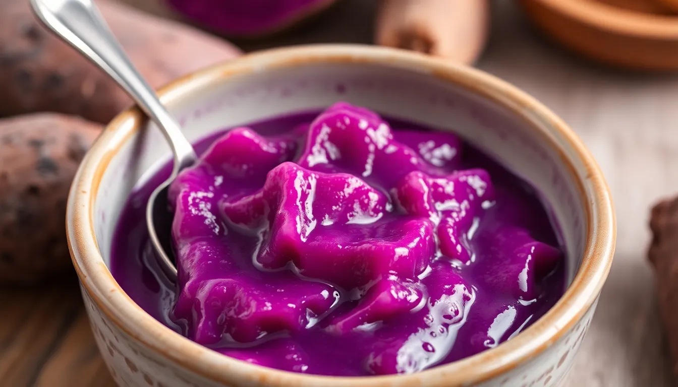 Purple yam ube halaya dessert in a ceramic bowl with spoon.
