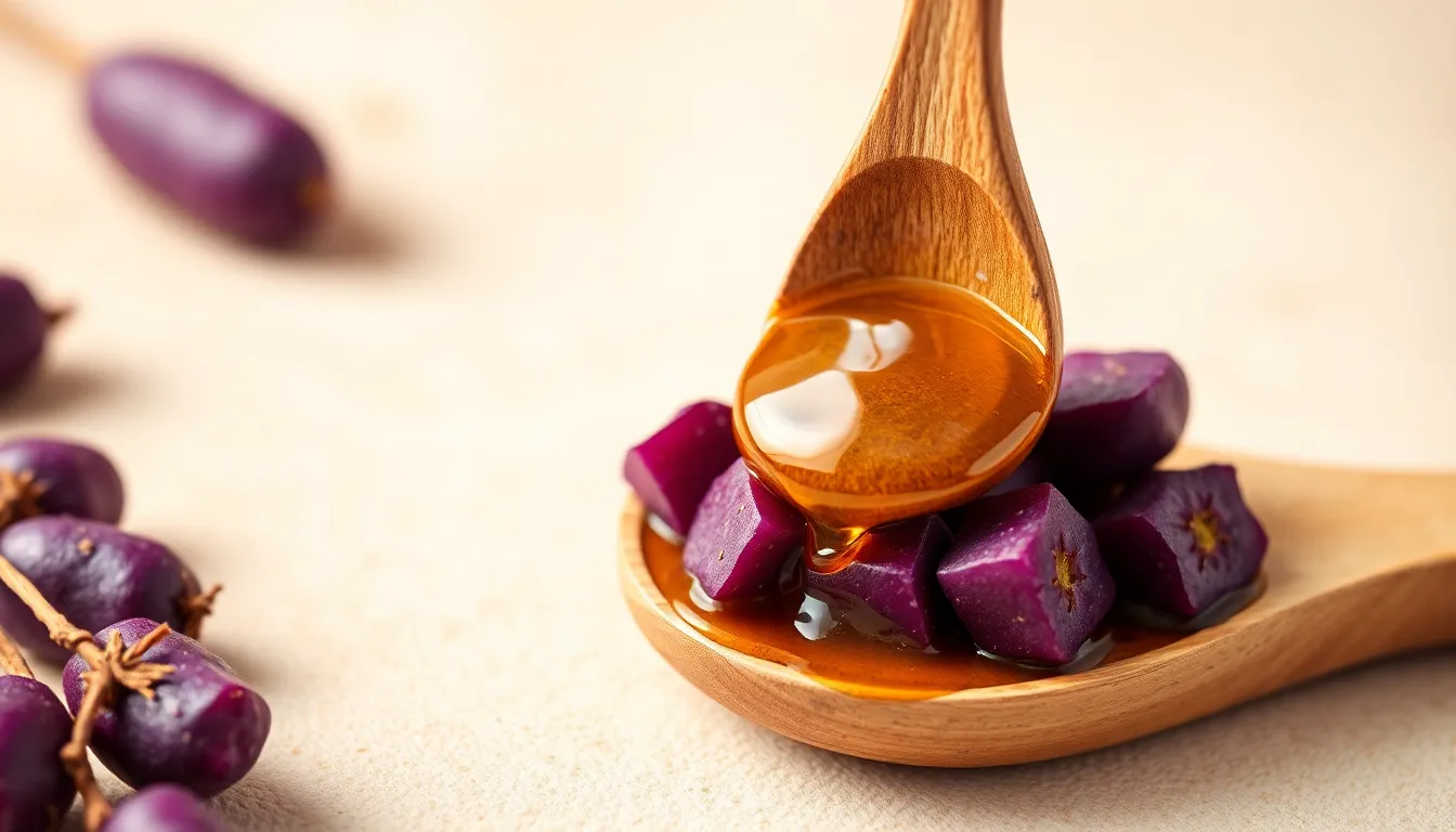 A wooden spoon with golden honey dripping on a soft background.