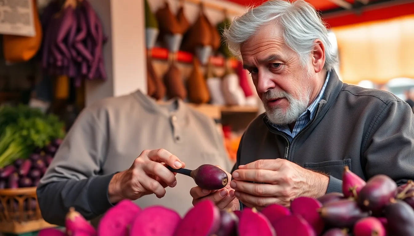 Senior man inspecting a product in a traditional Portuguese market.