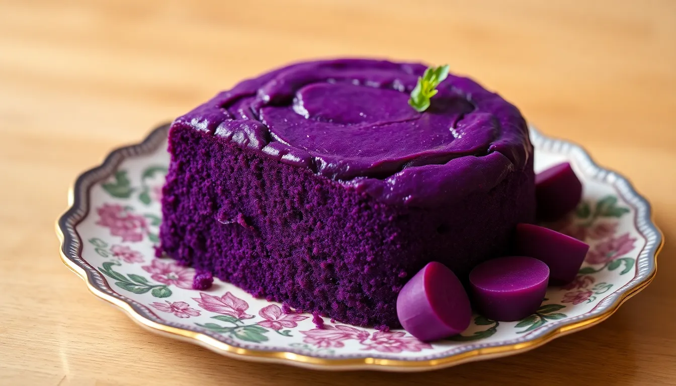 A vibrant purple yam cake elegantly presented on a decorative plate.