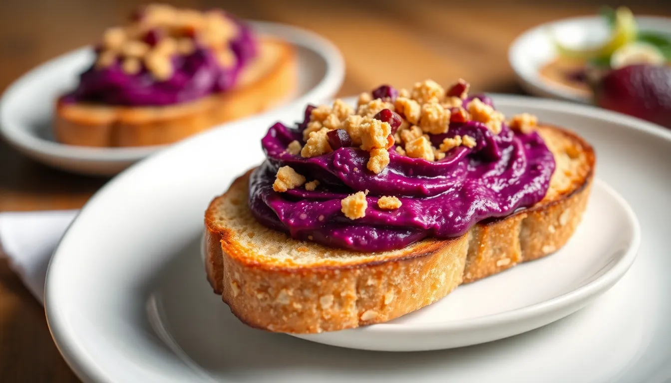 Close-up of a sweet toast topped with vibrant spreads and crumbles, served on a white plate.