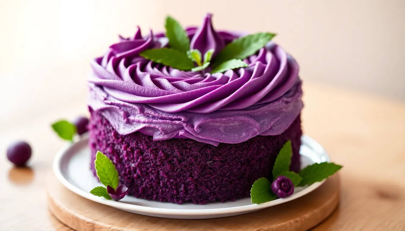 Beautifully decorated ube cake with vibrant purple frosting showcasing Filipino culinary artistry.