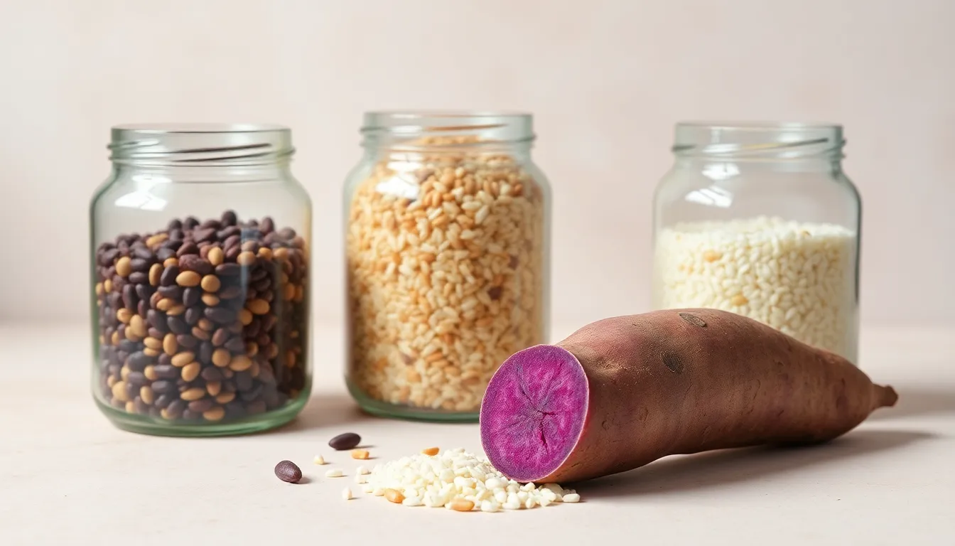 Three glass jars with dry goods like grains and rice on a light background.